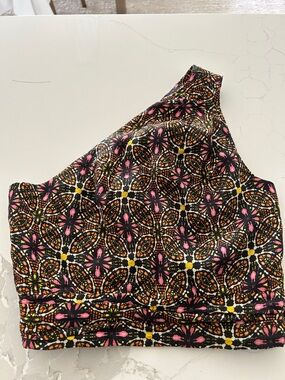 Anthropologie Black One-Shoulder Floral Mosaic Crop Top